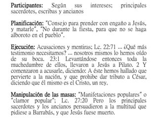 Participantes: Según sus intereses; principales
sacerdotes, escribas y ancianos
Planificación: Consejo para prender con engaño a Jesús,“
y matarle , No durante la fiesta, para que no se haga” “
alboroto en el pueblo .”
Ejecución: Acusaciones y mentiras; Lc. 22:71 ¿Qué más…
testimonio necesitamos? nosotros mismos lo hemos oído…
de su boca. 23:1 Levantándose entonces toda la
muchedumbre de ellos, llevaron a Jesús a Pilato. 2 Y
comenzaron a acusarle, diciendo: A éste hemos hallado que
pervierte a la nación, y que prohibe dar tributo a César,
diciendo que él mismo es el Cristo, un rey.
Manipulación de las masas: Manifetaciones populares o“ ”
clamor popular ; Lc. 27:20 Pero los principales“ ”
sacerdotes y los ancianos persuadieron a la multitud que
pidiese a Barrabás, y que Jesús fuese muerto.
 