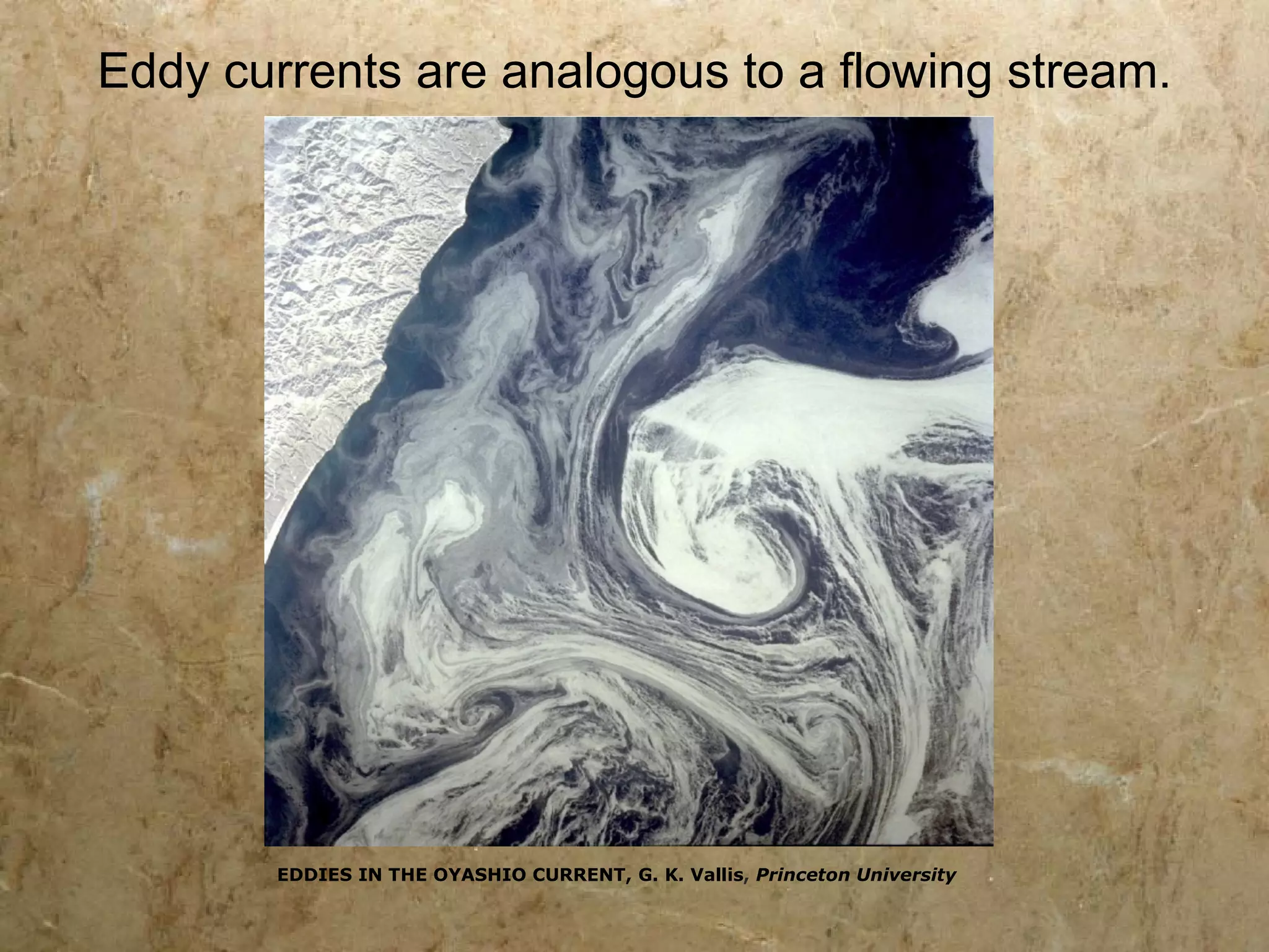 Eddy currents are analogous to a flowing stream.




        EDDIES IN THE OYASHIO CURRENT, G. K. Vallis, Princeton University
 