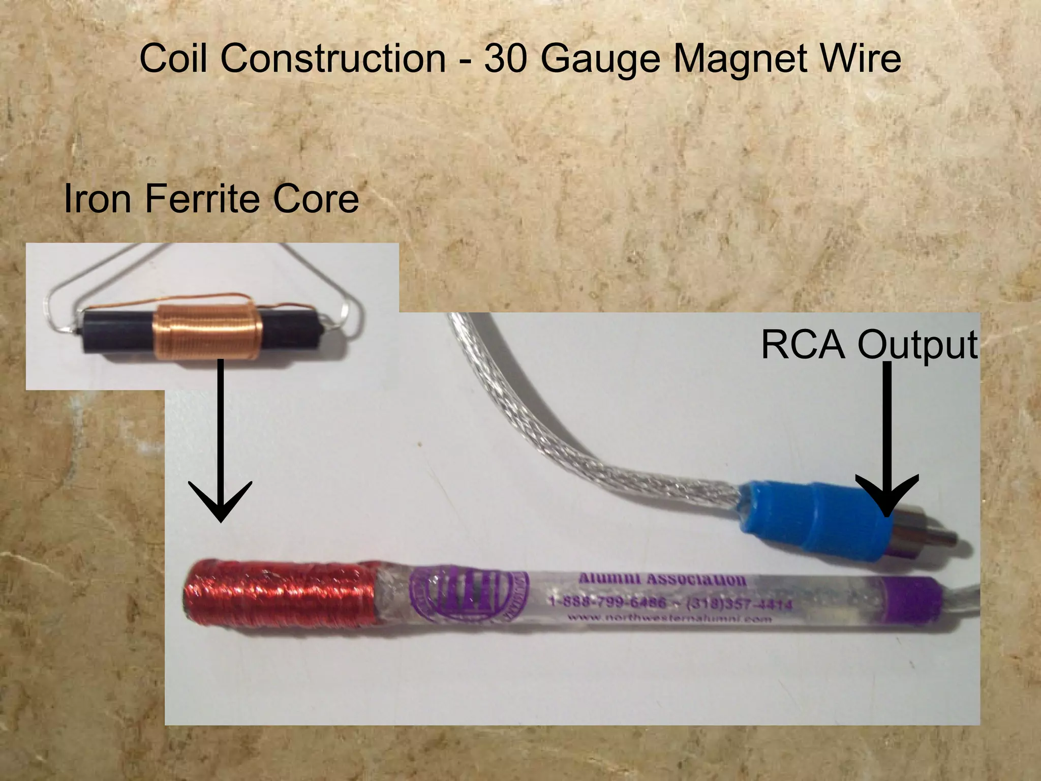 Coil Construction - 30 Gauge Magnet Wire


Iron Ferrite Core




                                        ↓
                                    RCA Output


   ↓
 