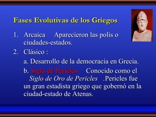 Fases Evolutivas de los Griegos Arcaica – Aparecieron las polis o ciudades-estados. Clásico : a. Desarrollo de la democracia en Grecia. b.  Siglo de  Pericles   – Conocido como el  “Siglo de Oro de Pericles”.   Pericles fue un gran estadista griego que gobernó en la ciudad-estado de Atenas. 