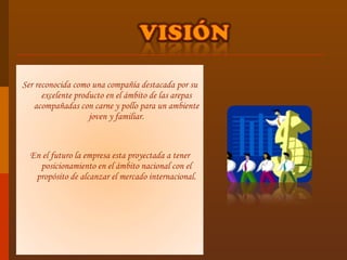 Ser reconocida como una compañía destacada por su excelente producto en el ámbito de las arepas acompañadas con carne y pollo para un ambiente joven y familiar. En el futuro la empresa esta proyectada a tener posicionamiento en el ámbito nacional con el propósito de alcanzar el mercado internacional. 