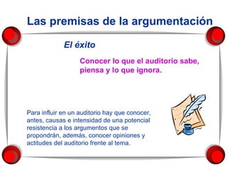 El éxito Las premisas de la argumentación Conocer lo que el auditorio sabe, piensa y lo que ignora. Para influir en un auditorio hay que conocer, antes, causas e intensidad de una potencial resistencia a los argumentos que se propondrán, además, conocer opiniones y actitudes del auditorio frente al tema. 