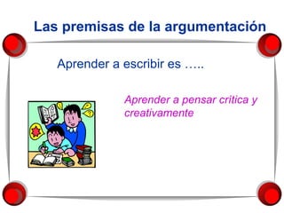 Las premisas de la argumentación Aprender a escribir es ….. Aprender a pensar crítica y creativamente 