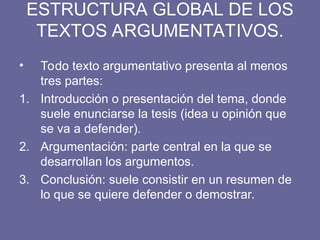 ESTRUCTURA GLOBAL DE LOS
TEXTOS ARGUMENTATIVOS.
• Todo texto argumentativo presenta al menos
tres partes:
1. Introducción o presentación del tema, donde
suele enunciarse la tesis (idea u opinión que
se va a defender).
2. Argumentación: parte central en la que se
desarrollan los argumentos.
3. Conclusión: suele consistir en un resumen de
lo que se quiere defender o demostrar.
 