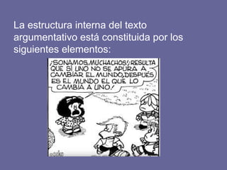 La estructura interna del texto
argumentativo está constituida por los
siguientes elementos:
 