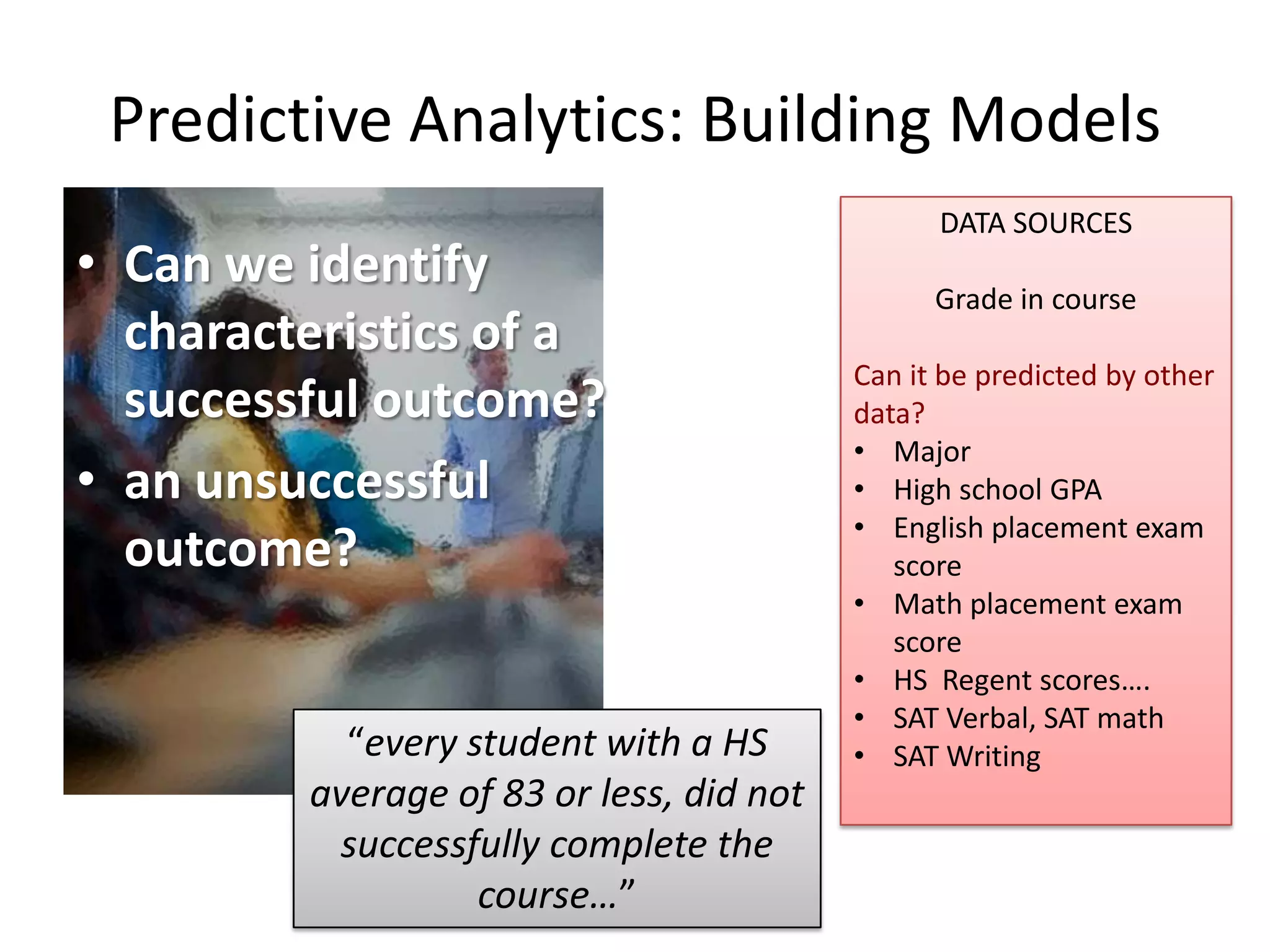 Predictive Analytics: Building Models
• Can we identify
characteristics of a
successful outcome?
• an unsuccessful
outcome?

“every student with a HS
average of 83 or less, did not
successfully complete the
course…”

DATA SOURCES
Grade in course
Can it be predicted by other
data?
• Major
• High school GPA
• English placement exam
score
• Math placement exam
score
• HS Regent scores….
• SAT Verbal, SAT math
• SAT Writing

 