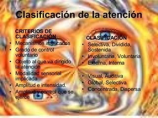 Clasificación de la atención CRITERIOS DE CLASIFICACIÓN Mecanismos implicados Grado de control voluntario Objeto al que va dirigido la atención Modalidad sensorial implicada Amplitud e intensidad. Amplitud y control que se ejerce CLASIFICACIÓN Selectiva, Dividida, Sostenida Involuntaria, Voluntaria Externa, Interna Visual, Auditiva Global, Selectiva Concentrada, Dispersa 