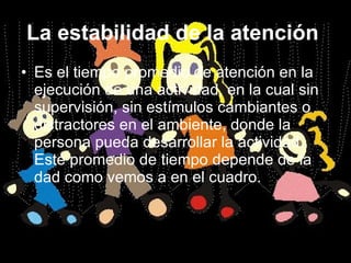 La estabilidad de la atención   Es el tiempo promedio de atención en la ejecución de una actividad, en la cual sin supervisión, sin estímulos cambiantes o distractores en el ambiente, donde la persona pueda desarrollar la actividad. Este promedio de tiempo depende de la dad como vemos a en el cuadro. 