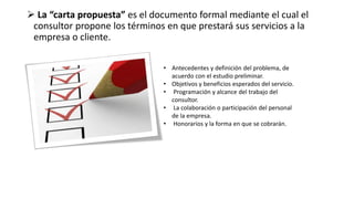  La “carta propuesta” es el documento formal mediante el cual el
consultor propone los términos en que prestará sus servicios a la
empresa o cliente.
• Antecedentes y definición del problema, de
acuerdo con el estudio preliminar.
• Objetivos y beneficios esperados del servicio.
• Programación y alcance del trabajo del
consultor.
• La colaboración o participación del personal
de la empresa.
• Honorarios y la forma en que se cobrarán.
 