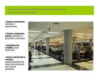 >banca personas:  trámites y operaciones. >banca empresa-pyme:  atención a pequeñas empresas. >tarjetas de crédito:  área comercial. >área comercial o ventas:  comercialización de todos los productos para banca personas. Sector de atención al público, sucursal Casa Central San Martín 730 - Rosario 