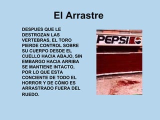 El Arrastre   DESPUES QUE LE DESTROZAN LAS VERTEBRAS, EL TORO PIERDE CONTROL SOBRE SU CUERPO DESDE EL CUELLO HACIA ABAJO, SIN EMBARGO HACIA ARRIBA SE MANTIENE INTACTO, POR LO QUE ESTA CONCIENTE DE TODO EL HORROR Y DE CÓMO ES ARRASTRADO FUERA DEL RUEDO.   