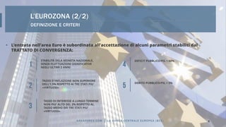 DEFINIZIONE E CRITERI
L’EUROZONA (2/2)
• L'entrata nell'area Euro è subordinata all'accettazione di alcuni parametri stabi...