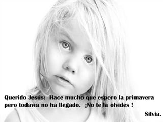 Querido Jesús: Hace mucho que espero la primavera
pero todavía no ha llegado. ¡No te la olvides !
                                                Silvia.
 