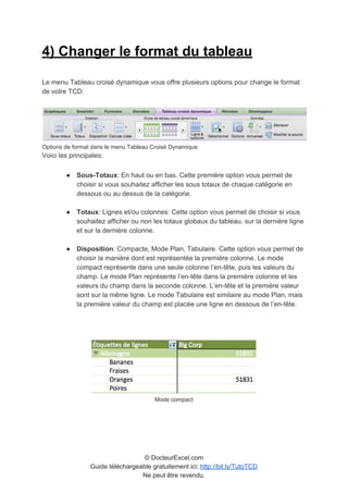 4) Changer le format du tableau
Le menu Tableau croisé dynamique vous offre plusieurs options pour change le format
de votre TCD:
Options de format dans le menu Tableau Croisé Dynamique
Voici les principales:
● Sous-Totaux​: En haut ou en bas. Cette première option vous permet de
choisir si vous souhaitez afficher les sous totaux de chaque catégorie en
dessous ou au dessus de la catégorie.
● Totaux​: Lignes et/ou colonnes: Cette option vous permet de choisir si vous
souhaitez afficher ou non les totaux globaux du tableau, sur la dernière ligne
et sur la dernière colonne.
● Disposition​: Compacte, Mode Plan, Tabulaire. Cette option vous permet de
choisir la manière dont est représentée la première colonne. Le mode
compact représente dans une seule colonne l’en-tête, puis les valeurs du
champ. Le mode Plan représente l’en-tête dans la première colonne et les
valeurs du champ dans la seconde colonne. L’en-tête et la première valeur
sont sur la même ligne. Le mode Tabulaire est similaire au mode Plan, mais
la première valeur du champ est placée une ligne en dessous de l’en-tête.
Mode compact
© DocteurExcel.com
Guide téléchargeable gratuitement ici: ​http://bit.ly/TutoTCD
Ne peut être revendu.
 