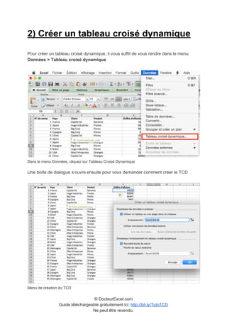 2) Créer un tableau croisé dynamique
Pour créer un tableau croisé dynamique, il vous suffit de vous rendre dans le menu
Données > Tableau croisé dynamique
Dans le menu Données, cliquez sur Tableau Croisé Dynamique
Une boîte de dialogue s’ouvre ensuite pour vous demander comment créer le TCD
Menu de création du TCD
© DocteurExcel.com
Guide téléchargeable gratuitement ici: ​http://bit.ly/TutoTCD
Ne peut être revendu.
 