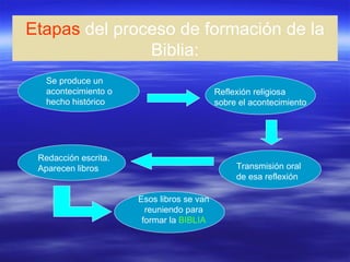 Etapas  del proceso de formación de la Biblia: Se produce un acontecimiento o hecho histórico Reflexión religiosa sobre el acontecimiento Transmisión oral de esa reflexión Redacción escrita. Aparecen libros Esos libros se van reuniendo para formar la  BIBLIA 