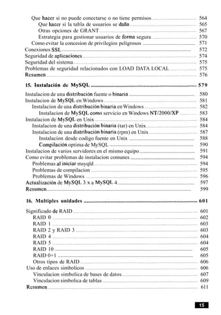 Que hacer si no puede conectarse o no tiene permisos .................................. 564
Que hacer si la tabla de usuarios se daiia................................................... 565
Otras opciones de GRANT ................................................................... 567
Estrategia para gestionar usuarios de forma segura .................................. 570
.........................................Como evitar la concesion de privilegios peligrosos 571
.......................................................................................................Conexiones SSL 572
. .
Seguridad de aplicaciones .................................................................................. 574
Seguridad del sistema .............................................................................................. 575
Problemas de seguridad relacionados con LOAD DATA LOCAL .................... 575
Resumen ................................................................................................................... 576
15. Instalaci6n de MySQL ................................................................................. 579
....................................................Instalacion de una distribucion fuente o binaria 580
Instalacion de MySQL en Windows ...................................................................... 581
Instalacion de una distribucion binaria enWindows ........................................ 582
Instalacion de MySQL como servicio en Windows NT/2000/XP ............. 583
Instalacion de MySQL en Unix ......................................................................... 584
Instalacion de una distribucion binaria (tar) en Unix....................................... 584
Instalacion de una distribucion binaria (rpm) en Unix..................................... 587
....................................................Instalacion desde codigo fuente en Unix 588
...................................................................Cornpilacion optima de MySQL 590
............................................Instalacion de varios servidores en el mismo equipo 591
...................................................Como evitar problemas de instalacion comunes 594
. . .
Problemas al iniciar msyqld ............................................................................... 594
Problemas de compilacion ................................................................................. 595
Problemas de Windows ..................................................................................... 596
.............................................................Actualizacion de MySQL 3.s a MySQL 4 597
...................................................................................................................Resumen 599
16. Multiples unidades ....................................................................................... 601
Significado de RAID ............................................................................................... 601
RAID 0 ............................................................................................................... 602
RAID 1 ............................................................................................................... 603
RAID 2 y RAID 3 ............................................................................................. 603
RAID 4 ............................................................................................................... 604
RAID 5 ............................................................................................................... 604
.............................................................................................................RAID 10 605
...........................................................................................................RAID 0+1 605
Otros tipos de RAID .......................................................................................... 606
Uso de enlaces simbolicos ...................................................................................... 606
Vinculacion simbolica de bases de datos .......................................................... 607
Vinculacion simbolica de tablas ................................................................... 609
Resumen ................................................................................................................... 611
 