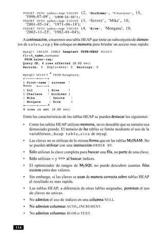 INSERT INTO sales-rep VALUES
'1998-07-09' , '1958-11-30' ) ;
INSERT INTO sales-rep VALUES
'2001-05-14', '1971-06-18');
INSERT INTO sales-rep VALUES
'2002-11-23', '1982-01-04');
(2, 'Gordimer ' , Charlene , 15,
(3, ' Serote' , 'Mike' , 10,
(4, 'Rive', 'Mongane', 10,
A continuacion,crearemos una tabla HEAP que tome un subconjuntode elemen-
tos de s a l e s-r e p y 10scoloque en memoria para brindar un acceso mas rapido:
mysql> CREATE TABLE heaptest TYPE=HEAP SELECT
f i r st-name ,surname
FROM sales-rep;
Query OK, 4 rows affected (0.02 sec)
Records: 4 ~u~1icate.s:0 Warnings: 0
mysql> SELECT * FROM heaptest;
+------a+
I first-name I surname I
+--- a+
I Sol I Rive I
I Charlene I Gordimer I
I Mike I Serote I
I Mongane I Rive 1
a+------+
4 rows in set (0.00 sec)
Entre las caracteristicas de las tablas HEAP se pueden destacar las siguientes:
Como las tablas HEAP utilizan memoria, no es deseable que su tamaiio sea
demasiado grande. El tamaiio de las tablas se limita mediante el uso de la
variablernax-heap t a b l e-s i z e de mysql.
Las claves no se utilizan de la misma forma que en las tablas MyISAM. No
se pueden utilizar con una instruction ORDER BY.
Solo utilizan la clave completa para buscar una fila, no parte de una clave.
Solo utilizan = y <=> a1buscar indices.
El optimizador de rangos de MySQL no puede descubrir cuantas filas
existen entre dos valores.
Sin embargo, si las claves se usan de manera correcta sobre tablas HEAP
el resultado es mas rapida.
Las tablas HEAP, a diferencia de otras tablas asignadas, permiten el uso
de claves no unicas.
No admiten el uso de indices en una columna NULL.
No admiten columnas AUTO-INCREMENT.
No admiten columnas BLOB o TEXT.
 
