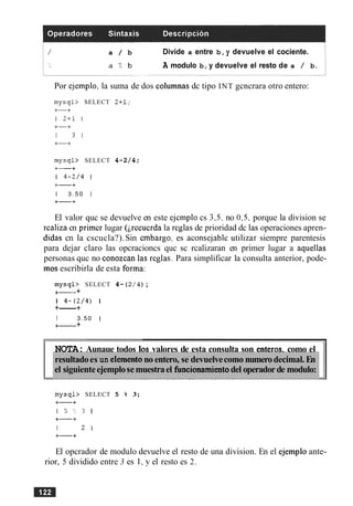 a / b Divide a entre b, y devuelve el cociente.
a 2 b A modulo b, y devuelve el resto de a / b.
--
Por ejemplo, la suma de dos columnas dc tipo INT gcncrara otro entero:
m y s q l > SELECT 2+1;
+-+
1 2 + 1 1
+-+
1 3 1
+-+
m y s q l > SELECT 4-2/4;
+-+
I 4 - 2 / 4 1
+-+
1 3 . 5 0 1
+-+
El valor quc se devuelve en este ejcmplo cs 3.5. no 0,5. porque la division se
rcaliza cn primcr lugar (pcucrda la rcglas de prioridad dc las operaciones apren-
didas cn la cscucla?).Sin embargo. es aconsejable utilizar siempre parentesis
para dejar claro las opcracioncs quc sc rcalizaran en primer lugar a aquellas
personas quc no conozcan las reglas. Para simplificar la consulta anterior, pode-
mos escribirla de esta forma:
m y s q l > SELECT 4- (2/4);
+- +
1 4 - ( 2 / 4 ) 1
+-+
I 3.50 1
+- +
NOTA: Aunaue todos 10s valores de esta consulta son enteros. como el
resultadoes un elementono entero, se devuelvecomo numerodecimal. En
el siguienteejemplosemuestrael hncionamientodel operadorde modulo:
m y s q l > SELECT 5 % 3;
+-+
1 5 ' : 3 1
t-+
I 2 1
+-+
El opcrador de modulo devuelve el resto de una division. En el ejemplo ante-
rior, 5 dividido entre 3 es I , y el resto es 2.
Em
 