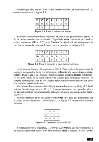 Sin embargo, si existe un 16 en 18. Por lo tanto escriba 1 en la columna del 16,
como se muestra en la figura 3.5.
Figura 3.5. Paso 2, rellenar 10s valores
Ya hemos dado cuenta de un 16 para el 18, por lo que procedemos a restar 16
de 18, lo que nos da como resultado 2. Siguiendo hacia la derecha, en 2 no hay
ochos, ni cuatros, solo un 2. Y como 2 menos 2 es igual a 0, nos detenemos tras
escribir un uno en la columna del dos, como se muestra en la figura 3.6.
64s 32s 16s 8s 4s 2s 1s
Figura 3.6. Paso 3, convertir el valor decimal a binario
En el sistema binario, 18 equivale a 10010. Para realizar la conversion de
numeros mas grandes, basta con utilizar mas columnas a la izquierda (para repre-
sentar 128,256, etc.). Los numeros binarios pueden crecer en tamaiio rapidamen-
te. Por esta razon, no se suele utilizar este sistema para almacenar numeros. El
sistema octal (con base en 8) y el sistema hexadecimal (con base en 16) son otros
dos sistemas practicos de usar.
Volvamos a 10s operadores bit a bit y tomemos dos numeros, el 9 y el 7. En el
sistema binario, equivalen a 1001 y 111, respectivamente. Los operadores bit a
bit operan sobre 10sbits individuales del numero binario que compone 10snume-
ros 9 y 7.
En una operacion de bit AND, ambos bits deben ser 1 para que el resultado sea
1 (como en una operacion AND ordinaria). La figura 3.7 muestra dos numeros
binarios.
Figura 3.7. Operacion de bit AND: 9&7
Comenzando por la izquierda, 1 AND 0 es 0, de manera que la columna mas a
la izquierda (la de 10sochos) es 0. Moviendonos hacia la derecha, 0AND 1 es 0 y,
 