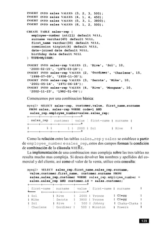 INSERT INTO sales VALUES (3, 2, 3, 500);
INSERT INTO sales VALUES (4, 1, 4, 450);
INSERT INTO sales VALUES (5, 3, 1, 3800);
INSERT INTO sales VALUES (6, 1, 2, 500);
CREATE TABLE sales-rep (
employee-number int (11) default NULL,
surname varchar (40) default NULL,
first-name varchar(30) default NULL,
commission tinyint(4) default NULL,
date-joined date default NULL,
birthday date default NULL
) TYPE=MyISAM;
INSERT INTO sales-rep VALUES (1, 'Rive', 'Sol ' , 10,
'2OOO-O2-l5' , '1976-03-18' ) ;
INSERT INTO sales-rep VALUES (2, 'Gordimer', 'Charlene', 15,
'1998-07-09', '1958-11-30');
INSERT INTO sales-rep VALUES (3, Serote', 'Mike', 10,
'2001-05-14', '1971-06-18');
INSERT INTO sales-rep VALUES (4, 'Rive', 'Mongane', 10,
'2002-11-23 ', '1982-01-04' ) ;
Comencemos por una combinacion basica:
mysql> SELECT sales-rep, customer,value, first-name,surname
FROM sales, sales-rep WHERE code=l AND
sales-rep.employee-number=sales.sales-rep;
+-+- +-+-----+- +
I sales-rep I customer I value I first-name I surname I
+- +- +-+- +- +
I 1 I 1 1 2000 1 Sol I Rive I
+- +- +-+-+- +
Como la relacion entre las tablas sa1es-rep y sa1es se establece a partir
de employee number o sales rep,estos dos campos forman la condicion
de combinaci6nde la clausula wHERE.
La implementacion de una combinacion mas compleja sobre las tres tablas no
resulta mucho mas compleja. Si desea devolver 10s nombres y apellidos del co-
mercial y del cliente, asi como el valor de la venta, utilice esta consulta:
mysql> SELECT sales-rep.first-name,sales-rep.surname,
value,customer.first-name, customer.surname FROM
sales,sales-rep,customer WHERE sales-rep.employee-number =
sales.sales-rep AND customer.id = sales.customer;
+- +- +
I first-name I surname I value I first-name I surname I
+--- +- +-+-+- +
I Sol I Rive 1 2000 1 Yvonne I Clegg I
I Mike I Serote 1 3800 1 Yvonne I Clegg I
I Sol I Rive 1 500 1 Johnny I Chaka-Chaka I
I Charlene I Gordimer 1 500 1 Winston I Powers I
 