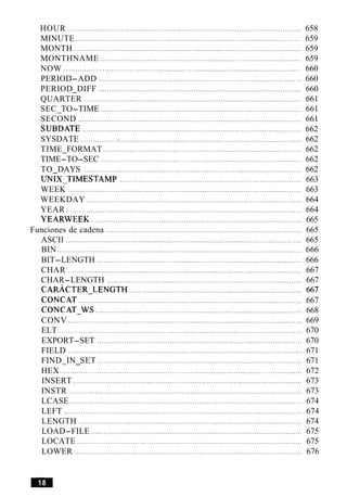 HOUR ................................................................................................................. 658
MINUTE ........................................................................................................ 659
MONTH .............................................................................................................. 659
MONTHNAME ................................................................................................. 659
NOW .............................................................................................................. 660
PERIOD-ADD .................................................................................................. 660
PERIOD DIFF .................................................................................................. 660-
QUARTER .................................................................................................. 661
SEC TO-TIME ............................................................................................. 661-
SECOND ............................................................................................................ 661
SUBDATE .................................................................................................... 662
SYSDATE ..................:........................................................................................ 662
TIME FORMAT ................................................................................................ 662-
TIME-TO-SEC ................................................................................................. 662
TO DAYS ..................................................................................................... 662-
UNIXTIMESTAMP ........................................................................................ 663
WEEK ................................................................................................................. 663
WEEKDAY ................................................................................................... 664
YEAR .................................................................................................................. 664
YEARWEEK ...................................................................................................... 665
Funciones de cadena ............................................................................................... 665
ASCII .................................................................................................................. 665
BIN ...................................................................................................................... 666
BIT-LENGTH ................................................................................................... 666
CHAR ................................................................................................................. 667
CHAR-LENGTH .............................................................................................. 667
CARACTER-LENGTH .................................................................................... 667
CONCAT ............................................................................................................ 667
CONCAT-WS .................................................................................................... 668
CONV ................................................................................................................. 669
ELT ...................................................................................................................... 670
EXPORT-SET ................................................................................................... 670
FIELD ................................................................................................................. 671
FIND IN SET ............................................................................................... 671- -
HEX ..................................................................................................................... 672
INSERT ............................................................................................................... 673
INSTR ................................................................................................................. 673
LCASE ................................................................................................................ 674
LEFT ................................................................................................................. 674
LENGTH ............................................................................................................ 674
LOAD-FILE ...................................................................................................... 675
LOCATE ...................................................................................................... 675
LOWER ........................................................................................................ 676
 
