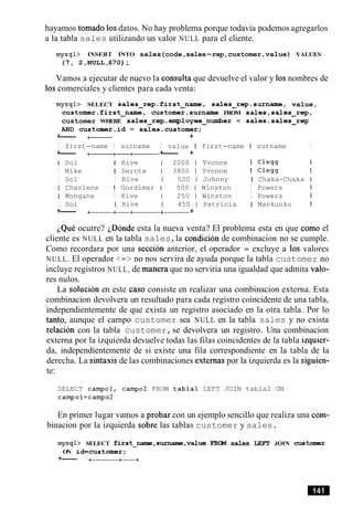 hayamos tomado 10sdatos. No hay problema porque todavia podemos agregarlos
a la tabla sales utilizando un valor NULL para el cliente.
mysql> INSERT INTO sales(code,sales-rep,customer,value) VALUES
(7, 2,NULL,670);
Vamos a ejecutar de nuevo la consulta que devuelve el valor y 10snombres de
10scomerciales y clientes para cada venta:
mysql> SELECT sales-rep.first-name, sales-rep.surname, value,
customer.first-name, customer.surname FROM sales,sales-rep,
customer WHERE sales-rep.euployee-number = sales.sales-rep
AND customer.id = sales.customer;
+--- +- +
I first-name I surname I value I first-name I surname I
+--- +- +-+------ +--- +
I Sol I Rive 1 2000 1 Yvonne I Clegg I
I Mike I Serote 1 3800 1 Yvonne I Clegg I
I Sol I Rive 1 500 1 Johnny I Chaka-Chaka I
I Charlene I Gordimer 1 500 1 Winston I Powers I
I Mongane I Rive 1 250 1 Winston I Powers I
I Sol I Rive 1 450 1 Patricia I Mankunku I
+--- +- +-+-+----- +
~QuCocurre? ~Dondeesta la nueva venta? El problema esta en que como el
cliente es NULL en la tabla sales,la condicion de combinacion no se cumple.
Como recordara por una seccion anterior, el operador = excluye a 10s valores
NULL. El operador <=> no nos servira de ayuda porque la tabla customer no
incluye registros NULL, de manera que no serviria una igualdad que admita valo-
res nulos.
La solucion en este caso consiste en realizar una combinacion externa. Esta
combinacion devolvera un resultado para cada registro coincidente de una tabla,
independientemente de que exista un registro asociado en la otra tabla. Por lo
tanto, aunque el carnpo customer sea NULL en la tabla sales y no exista
relacion con la tabla customer,se devolvera un registro. Una combinacion
externa por la izquierda devuelve todas las filas coincidentes de la tabla izquier-
da, independientemente de si existe una fila correspondiente en la tabla de la
derecha. La sintaxis de las combinaciones externas por la izquierda es la siguien-
te:
SELECT campol, camp02 FROM tabla1 LEFT JOIN tabla2 ON
campol=campo2
En primer lugar vamos a probar con un ejemplo sencillo que realiza una com-
binacion por la izquierda sobre las tablas customer y sales.
mysql> SELECT first-nam=,surname,value ITKM sales LEFT JOIN custarrrer
ON id=customer;
+--- +- +-+
 