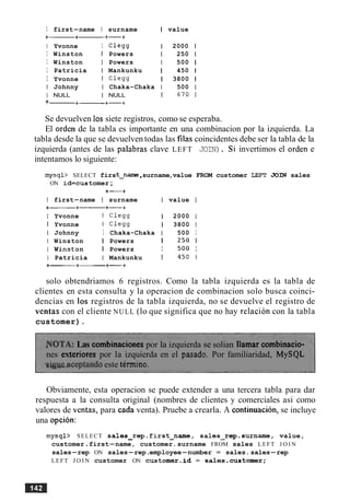 I first-name I surname I value
+------+- +-+
I Yvonne I Clegg 1 2000
I Winston I Powers 1 250
I Winston I Powers I 500
I Patricia I Mankunku 1 450
I Yvonne I C l e w 1 3800
I
I
I
I
I
I Johnny I Chaka-Chaka 1 500 I
I NULL I NULL 1 670 1
+-------+- +-+
Se devuelven 10s siete registros, como se esperaba.
El orden de la tabla es importante en una combinacion por la izquierda. La
tabla desde la que se devuelven todas las filas coincidentes debe ser la tabla de la
izquierda (antes de las palabras clave LEFT JOIN). Si invertimos el orden e
intentamos lo siguiente:
mysql> SELECT first-name ,surname,value FROM customer LEFT JOM sales
ON id=customer;
+-+
I first-name I surname I value 1
+- +- +-+
I Yvonne I C l e w 1 2000 1
I Yvonne I Clegg 1 3800 1
I Johnny I Chaka-Chaka I 500 I
I Winston I Powers 1 250 1
I Winst on I Powers I 500 I
I Patricia I Mankunku 1 450 1
+-+- +-+
solo obtendriamos 6 registros. Como la tabla izquierda es la tabla de
clientes en esta consulta y la operacion de combinacion solo busca coinci-
dencias en 10s registros de la tabla izquierda, no se devuelve el registro de
ventas con el cliente NULL (lo que significa que no hay relacion con la tabla
customer).
.WOTA:Las combinaciones por la izquierda se solian llamar combinacio-
nes exteriores por la izquierda en el pasado. Por familiaridad, MySQL
~s,ig~,aceptandoeste termino.
Obviamente, esta operacion se puede extender a una tercera tabla para dar
respuesta a la consulta original (nombres de clientes y comerciales asi como
valores de ventas, para cada venta). Pruebe a crearla. A continuacion, se incluye
una opcion:
mysql> SELECT sales-rep.first-name, sales-rep.surname, value,
customer .first-name, customer.surname FROM sales LEFT J O I N
sales-rep ON sales-rep.employee-number = sales.sales-rep
LEFT J O I N customer ON customer.id = sales.customer;
 