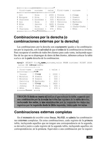 +- +- +-+- +- +
I first-name I surname I value I
+- +- +-+- +- +
I Sol I Rive 1 2000 1
I Mongane I Rive 1 250 1
I Charlene 1 Gordimer 1 500 1
I Sol I Rive 1 450 1
I Mike I Serote 1 3800 1
I Sol I Rive 1 500 1
I Charlene I Gordimer 1 670 1
+-+- +-+--------+- +
first-name
Yvonne
Winston
Winston
Patricia
Yvonne
Johnny
NULL
surname I
C l e w I
Powers I
Powers I
Mankunku I
Clegg I
Chaka-Chaka I
NULL I
Combinaciones por la derecha (o
combinaciones externas por la derecha)
Las combinaciones por la derecha son esactamente iguales a las combinacio-
nes por la izquicrda, con la salvedad de que el orden de la combinacion se invierte.
Para recuperar el nombre de todos 10sclientes para cada venta, incluyendo aque-
llas de las que no se dispongan dc datos de 10sclientes, debemos colocar la tabla
sales en la parte derecha de la combinacion.
mysql> SELECT first-name ,surname,value FROM customer RIGHT JOIN
sales ON id=customer;
I first-name I surname I value I
+- +- +-+
I Yvonne I Clegg 1 2000
I Winston I Powers 1 250
I Winston I Powers 1 500
I Patricia I Mankunku 1 450
I Yvonne I Clegg 1 3800
I Johnny I Chaka-Chaka 1 500
I NULL I NULL 1 670
+- +------ +-+
Combinaciones externas completas
En el momento de escribir estas lineas, MySQL no admite las combinacio-
nes externas completas. En estas combinaciones, cada registro de la primera
tabla, incluyendo aquellos que no tengan una correspondencia en la segunda,
se devuelve junto a cada registro de la segunda tabla, incluyendo aquellos sin
correspondencias en la primera. Equivalen a una combinacion por la izquier-
 