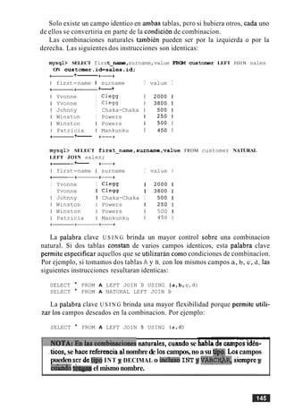 Solo existe un campo identico en ambas tablas, per0 si hubiera otros, cada uno
de ellos se convertiria en parte de la condicion de combinacion.
Las combinaciones naturales tambien pueden ser por la izquierda o por la
derecha. Las siguientes dos instrucciones son identicas:
mysql> SELECT first-name,surname,value FRaM customr LEFT J O I N sales
ON customer.id=sales.id;
+- +-+-+
1 first-name I surname I value I
+-+- +----+
I Yvonne I Clegg 1 2000 1
I Yvonne I C l e w 1 3800 1
I Johnny I Chaka-Chaka 1 500 1
I Winston I Powers 1 250 1
I Winston I Powers 1 500 1
I Patricia I Mankunku 1 450 1
+- +------ +-+
mysql> SELECT first-name,surname,value FROM customer NATURAL
LEFT JOIN sales;
+- +--- +-+
I first-name I surname I value
+-+- +-+
I Yvonne I C l e w 1 2 0 0 0
I Yvonne I C l e w 1 3800
I Johnny I Chaka-Chaka I 500
1 Winston I Powers 1 2 5 0
I Winston I Powers 1 500
I
I
I
I
I
I Patricia I Mankunku 1 4 5 0 1
+-+
La palabra clave U S I N G brinda un mayor control sobre una combinacion
natural. Si dos tablas constan de varios campos identicos, esta palabra clave
permite especificar aquellos que se utilizaran como condiciones de combinacion.
Por ejemplo, si tomamos dos tablas A y B, con 10s mismos campos a, b, c, d, las
siguientes instrucciones resultaran identicas:
SELECT * FROM A LEFT JOIN B USING (a,b,c , d )
SELECT * FROM A NATURAL LEFT JOIN B
La palabra clave U S I N G brinda una mayor flexibilidad porque permite utili-
zar 10s campos deseados en la combinacion. Por ejemplo:
SELECT * FROM A LEFT JOIN B USING (a,d)
-Lasc<mbinaciones mtura~es,c&do se &la-
> ticos,se hacereferencia a1nombrede 10scampos,no asu tip,Loscampos
pueden ser detip0 INT y DECIMAL o hch~mINT yvA$c~R., sicmprcy
~&rndo el mismonombre.
 