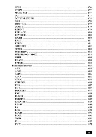 LPAD .................................................................................................................. 676
LTRIM ................................................................................................................ 677
MAKE SET ....................................................................................................... 677.
OCT.................................................................................................................... 677
OCTET-LENGTH............................................................................................. 678
ORD .................................................................................................................... 678
POSITION .......................................................................................................... 679
QUOTE ............................................................................................................ 679
REPEAT ............................................................................................................. 679
REPLACE ..................................................................................................... 680
REVERSE .......................................................................................................... 680
RIGHT ......................................................................................................... 680
RPAD .................................................................................................................. 681
RTRIM ............................................................ ........ ......................................... 681
SOUNDEX ......................................................................................................... 682
SPACE ................................................................................................................ 682
SUBSTRING ...................................................................................................... 682
SUBSTRING-INDEX ....................................................................................... 683
TRIM............................................................................................................ 684
UCASE ............................................................................................................... 684
UPPER............................................................................................................... 684
Funciones numericas ............................................................................................... 685
ABS ..................................................................................................................... 685
ACOS .................................................................................................................. 685
ASIN .................................................................................................................. 686
ATAN ................................................................................................................. 686
ATAN2 ................................................................................................................ 686
CEILING ............................................................................................................ 686
COS ..................................................................................................................... 687
COT ..................................................................................................................... 687
DEGREES .......................................................................................................... 687
EXP ..................................................................................................................... 688
FLOOR ............................................................................................................... 688
FORMAT ............................................................................................................ 689
GREATEST........................................................................................................ 689
LEAST ............................................................................................................... 690
LN ........................................................................................................................ 690
LOG..................................................................................................................... 690
LOG10 ................................................................................................................. 691
LOG2 ................................................................................................................... 691
MOD ................................................................................................................... 691
PI ......................................................................................................................... 692
POW ................................................................................................................... 692
 
