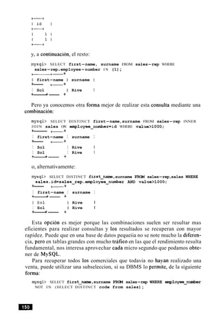 y, a continuacion, el resto:
mysql> SELECT first-name, surname FROM sales-rep WHERE
sales-rep.employee-number I N (1);
+- +- +
I first-name I surname I
+--- +- +
I Sol I Rive I
+------+- +
Pero ya conocemos otra forma mejor de realizar esta consulta mediante una
combinacion:
mysql> SELECT DISTINCT first-name,surname FROM sales-rep INNER
employee-number=id WHERE value>1000;J O I N sales ON
+------- +- +
I first-name
+--- +- +
I Sol
I Sol
+------+- +
I surname I
I Rive 1
I Rive I
o, alternativamente:
mysql> SELECT DISTINCT first-name, surname F R W sales-rep,sales WHERE
sales.id=sales-rep.employee-number AND value>1000;
+--- +- +
I first-name I surname I
+------+- +
I Sol I Rive I
I Sol I Rive I
+------+- +
Esta opcion es mejor porque las combinaciones suelen ser resultar mas
eficientes para realizar consultas y 10s resultados se recuperan con mayor
rapidez. Puede que en una base de datos pequeiia no se note mucho la diferen-
cia, per0 en tablas grandes con mucho trafico en las que el rendimiento resulta
fundamental, nos interesa aprovechar cada micro segundo que podamos obte-
ner de MySQL.
Para recuperar todos 10s comerciales que todavia no hayan realizado una
venta, puede utilizar una subseleccion, si su DBMS lo permite, de la siguiente
forma:
mysql> SELECT first-nam=,surname F R W sales-rep WHERE employee-number
NOT I N (SELECT DISTINCT code from sales);
 