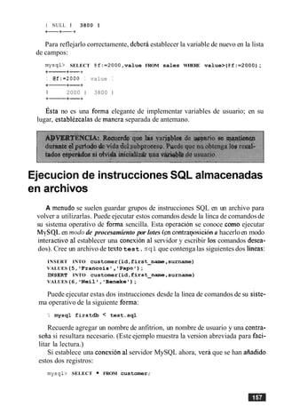I NULL 1 3800 1
+-+-+
Para reflejarlo correctamente, debera establecer la variable de nuevo en la lista
de campos:
mysql> SELECT @f:=2000,value FROM sales WHERE value> (@f:=2000);
+- +-+
I @f:=2000 I value I
+- +-+
I 2000 1 3800 1
+- +-+
~ s t ano es una forma elegante de implementar variables de usuario; en su
lugar, establezcalas de manera separada de antemano.
Ejecucion de instrucciones SQL almacenadas
en archivos
A menudo se suelen guardar grupos de instrucciones SQL en un archivo para
volver a utilizarlas. Puede ejecutar estos comandos desde la linca de comandosde
su sistema operativo de forma sencilla. Esta operacion se conoce como ejecutar
MySQL en mod0 de procesamiento por lotes (,en contraqmicihn a hacerloen modo
interactivo a1 establecer una conexion a1 servidor y escribir 10s comandos desea-
dos). Cree un archivo de testo test. sql que contenga las siguientes dos lineas:
INSERT INTO customer(id,first-name ,surname)
VALUES(5, 'Francois', 'Papol);
INSERT INTO customer(id,first-name, surname)
VALUES(6, 'Neil','Beneke');
Puede ejecutar estas dos instrucciones desde la linea de comandos de su siste-
ma operativo de la siguiente forma:
2 mysql firstdb < test.sql
Recuerde agregar un nombre de anfitrion, un nombre de usuario y una contra-
seAa si resultara necesario. (Este ejemplo muestra la version abreviada para faci-
litar la lectura.)
Si establece una conexion a1servidor MySQL ahora, veri que se han aiiadido
estos dos registros:
mysql> SELECT FROM customer;
 