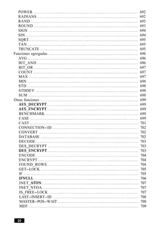 POWER .............................................................................................................. 692
RADIANS .......................................................................................................... 692
RAND ................................................................................................................. 693
ROUND .............................................................................................................. 693
SIGN ................................................................................................................... 694
SIN ...................................................................................................................... 694
SQRT ................................................................................................................... 695
TAN ..................................................................................................................... 695
TRUNCATE ....................................................................................................... 695
Funciones agregadas ............................................................................................. 696
AVG ..................................................................................................................... 696
BIT AND ........................................................................................................... 696-
BIT OR .............................................................................................................. 697-
COUNT ............................................................................................................... 697
MAX ................................................................................................................... 697
MIN ..................................................................................................................... 698
STD ..................................................................................................................... 698
STDDEV ............................................................................................................ 698
SUM .................................................................................................................... 698
Otras funciones ........................................................................................................ 699
AES-DECRYPT ................................................................................................ 699
AES-ENCRYPT ................................................................................................ 699
BENCHMARK .................................................................................................. 699
CASE .................................................................................................................. 699
CAST .................................................................................................................. 701
CONNECTION-ID ........................................................................................... 702
CONVERT ......................................................................................................... 702
DATABASE ....................................................................................................... 702
DECODE ..................................................................................................... 703
DES DECRYPT ................................................................................................ 703-
DES-ENCRYPT ................................................................................................ 703
ENCODE ............................................................................................................ 704
ENCRYPT .......................................................................................................... 704
FOUND ROWS ................................................................................................ 704-
GET-LOCK ....................................................................................................... 705
IF ......................................................................................................................... 705
IFNULL .............................................................................................................. 706
INET ATON ...................................................................................................... 707-
INET NTOA ..................................................................................................... 707-
IS FREE-LOCK ............................................................................................... 707-
LAST-INSERT-ID ........................................................................................... 708
MASTER-POS-WAIT ..................................................................................... 708
MD5 .................................................................................................................... 709
 
