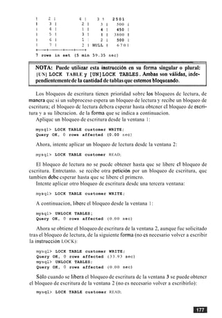 1 2 1 4 1 3 1 2 5 0 1
I 3 1 2 1 3 1 500 1
I 4 1 1 I 4 1 450 1
I 5 1 3 1 1 1 3800 1
I 6 1 1 I 2 1 500 1
1 7 1 2 I N U L L I 6 7 0 1
+----+- +-+----+
7 rows in set (5 min 5 9 . 3 5 sec)
NOTA: Puede utilizar esta instrucci6n en su forma singular o plural:
[UN] LOCK TABLE y [UN]LOCK TABLES.Arnbas son validas, inde-
pendientementede la cantidadde tablasque esternos bloqueando.
Los bloqueos de escritura tiencn prioridad sobrc 10s bloqueos dc lectura, de
manera quc si un subproceso espera un bloqueo de lectura y recibe un bloqueo de
cscritura; el bloqueo dc lectura debcra csperar hasta obtcner cl bloqueo de escri-
tura y a su libcracion. de la forma que sc indica a continuacion.
Apliquc un bloqueo de escritura desde la ventana 1:
mysql> LOCK TABLE customer WRITE;
Query OK, 0 rows affected (0.00 sec)
Ahora, intentc aplicar un bloqueo de lectura desdc la ventana 2:
mysql> LOCK TABLE customer READ;
El bloquco de lectura no se pucdc obtener hasta quc se liberc cl bloqueo de
cscritura. Entrctanto. se rccibe otra peticion por un bloqueo de cscritura, quc
tambien debc csperar hasta quc sc liberc cl primcro.
Intcnte aplicar otro bloqueo de escritura desdc una tercera ventana:
mysql> LOCK TABLE customer WRITE;
A continuacion, libere el bloqueo desde la ventana 1:
mysql> UNLOCK TABLES;
Query OK, 0 rows affected ( 0 . 0 0 sec)
Ahora se obtiene el bloqueo de escritura de la ventana 2, aunque fuc solicitado
tras el bloqueo de lectura, de la siguiente forma (no cs necesario volvcr a escribir
instruction LOCK):
mysql> LOCK TABLE customer WRITE;
Query OK, 0 rows affected ( 3 3 . 9 3 sec)
mysql> UNLOCK TABLES;
Query OK, 0 rows affected ( 0 . 0 0 sec)
So10 cuando se libera el bloqueo de escritura dc la ventana 3 se puede obtencr
el bloqueo de escritura de la ventana 2 (no es necesario volver a escribirlo):
mysql> LOCK TABLE customer READ;
 