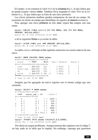 El campo i d no contiene el valor YES en la columna N u 11,lo que indica que
no puede aceptar valores nulos. Tambien lleva asignado el valor PRI en la co-
lumna K e y , lo que indica que se trata de una clave primaria.
Las claves primarias tambien pueden componerse de mas de un campo. En
ocasiones no existe un campo que identifique un registro de manera exclusiva.
Para agregar una clave primaria en este caso, separe 10s campos con una
coma:
mysql> CREATE TABLE p k 2 ( i d INT NOT NULL, id2 INT NOT NULL,
PRIMARY KEY ( i d , i d 2 ) ) ;
Query OK, 0 rows affected (0.00 sec)
o de la siguiente forma si ya existe la tabla:
mysql> ALTER TABLE p k 2 ADD PRIMARY KEY ( i d , i d 2 ) ;
Query OK, 0 rows affected (0.01 sec)
La tabla s a l e s utilizada en 10s capitulos anteriores no consta todavia de una
clave:
mysql> SHOW COLUMNS FROM sales;
+- +- +-+-+- +-+
I Field I TYPe I Null I Key I Default I Extra I
+- +- +-+-+- +-+
I code I int(l1) I YES I I NULL I I
I sales-rep I int(l1) I YES I I NULL I I
I id I int(l1) I YES I I NULL I 1
I value I int(l1) I YES 1 I NULL I I
+------ +- +-+-+- +-+
4 rows in set (0.00 sec)
Imagine que ha agregado un nuevo registro con el mismo codigo que uno
existente:
mysql> SELECT FROM sales;
+-+- +-+-+
I code I sales-rep I
+-+- +-+-+
I 1 I 1 I
I 2 1 4 1
I 3 1 2 1
I 4 1 1 I
I 5 1 3 1
I 6 1 1 I
I 7 1 2 1
1
3
3
4
1
2
NULL
I value
+-+- +-+-+
7 rows in set (0.00 sec)
mysql> INSERT INTO sales VALUES ( 7 , 3 , 3 , 1 0 0 0 ) ;
Query OK, 1 row affected (0.00 sec)
Por ahora no surgen problemas. Aunque tenemos dos registros con el codigo 7,
no hay nada en la tabla que lo impida. Sin embargo, suponga que queremos
 