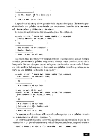 I fl I
+ +
I In the Heart of the Country I
+ +
1 row in set (0.00 sec)
La palabra Country es obligatoria en la segunda busqueda (de manera pre-
determinada una palabra es opcional), por lo que no se devuelve The Master
of Petersburg ni Master Master.
El siguiente ejemplo muestra un caso habitual de confusion.
mysql> SELECT * FROM f t 2 WHERE MATCH(f1) AGAINST
( '+Dog Master ' I N BOOLEAN MODE) ;
+ +
I fl I
I The Master of Petersburg I
I Master Master I
2 rows in set (0.00 sec)
Este resultado puede parecer sorprendente si lo comparamos con el ejemplo
anterior, per0 como la palabra Dog consta de tres letras queda excluida de la
busqueda. Los dos ejemplos que se incluyen a continuacion muestran la diferen-
cia entre realizar la busqueda en funcion de una palabra completa y en funcion de
parte de una palabra (utilizando el operador *):
mysql> SELECT * FROM f t 2 WHERE MATCH(f1) AGAINST
( 'B a r b a r i a n ' I N BOOLEAN MODE) ;
+ +
I fl I
I A Barbarian at my Door I
1 row in set (0.00 sec)
mysql> SELECT FROM f t 2 WHERE MATCH ( f l ) AGAINST
( ' B a r b a r i a n * I N BOOLEAN MODE) ;
+ +
I fl I
I A Barbarian at my Door I
I Waiting for the Barbarians I
+ +
2 rows in set (0.01 sec)
De manera predeterminada solo se realizan busquedas por la palabra comple-
ta, a menos que se utilice el operador *.
En 10stres ejemplos que se incluyen a continuacion se demuestra el uso de 10s
operadores > y < para incrementar y reducir las ponderaciones, respectivamente:
mysql> SELECT f1,MATCH ( f1 ) AGAINST ( ' H e a r t B e e s t B e a s t
 