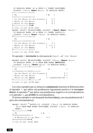 I N BOOLEAN MODE) AS m FROM f t 2 WHERE MATCH (£1)
AGAINST ( ' H e a r t B e e s t B e a s t ' I N BOOLEAN MODE) ;
I I n t h e H e a r t o f t h e C o u n t r y I 1 I
I H e a r t o f t h e B e a s t 1 2 1
I H e a r t o f t h e B e e s t I 2 1
+ +-+
3 r o w s i n s e t ( 0 . 0 0 sec)
m y s q l > SELECT f 1,MATCH ( f l ) AGAINST ( ' H e a r t B e e s t > B e a s t
I N BOOLEAN MODE) AS m FROM f t 2 WHERE MATCH ( f l )
AGAINST ( ' H e a r t B e e s t > B e a s t 1
I N BOOLEAN MODE) ;
+ +-+
I f l I m I
I I n t h e H e a r t o f t h e C o u n t r y I 1 I
I H e a r t o f t h e B e a s t 1 2 . 5 1
I H e a r t o f t h e B e e s t I 2 1
+ +-+
3 r o w s i n s e t ( 0 . 0 0 sec)
El operador > incrementa la relevancia de Heart of the Beast
m y s q l > SELECT f l ,MATCH ( f l ) AGAINST ( H e a r t < B e e s t B e a s t '
I N BOOLEAN MODE) A s m FROM f t 2 WHERE MATCH(f1)
AGAINST ( ' H e a r t < B e e s t B e a s t ' I N BOOLEAN MODE) ;
+ + +
I f l I m I
I I n t h e H e a r t o f t h e C o u n t r y I 1 I
I H e a r t o f t h e B e a s t I 2 1
I H e a r t o f t h e B e e s t 1 1 . 6 6 6 6 6 6 7 4 6 1 3 9 5 1
+ + +
3 r o w s i n s e t ( 0 . 0 0 sec)
Los cinco ejemplos que se incluyena continuacion muestran la diferencia entre
el operador <, que aplica una ponderacion ligeramente positiva a la correspon-
dencia; el operador - que aplica una ponderacion negativa a la correspondencia;
y el operador -, que prohibe la correspondencia.
El primer ejemplo es una busqueda booleana basica, con una ponderacion de 1
para una correspondencia.
m y s q l > SELECT * ,MATCH ( f 1) AGAINST ( ' D o o r I N BOOLEAN MODE)
AS m FROM f t 2 WHERE MATCH ( f l ) AGAINST ( ' D o o r ' I N BOOLEAN
MODE) ;
+ +-+
I f l I m I
+ +-+
I A B a r b a r i a n a t my Door I 1' I
+ +---+
1 r o w i n s e t ( 0 . 0 0 sec)
 
