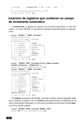 I surname I varchar(40) I YES I MUL I NULL I
I
+-+- +-+-+- + +
3 rows in set (0.00 sec)
Insercion de registros que contienen un campo
de increment0 automatico
A continuacion, si agrega un registro, no necesitara especificar el valor del
campo i d ya que MySQL se encargara de agregar automaticamente el siguiente
valor:
mysql> SELECT * FROM customer;
I id I first-name I
+-+- +- +
I 1 I Yvonne I
1 2 1 Johnny I
1 3 1 Winston I
1 4 1 Patricia I
1 5 1 Francois I
1 7 1 Winnie I
1 6 1 Neil I
+-+-+------ +
surname I
C l e w I
Chaka-Chaka I
Powers I
Mankunku I
Papo I
Dlamini I
Beneke I
7 rows in set (0.00 sec)
mysql> INSERT INTO customer (first-name ,surname)
VALUES ( 'Breyton', ' Tshbalalal) ;
Query OK, 1 row affected (0.00 sec)
mysql> SELECT * FROM customer;
+
I id I first-name I
+-+- +--- +
I 1 I Yvonne I
1 2 1 Johnny I
1 3 1 Winston I
1 4 1 Patricia I
1 5 1 Francois I
1 7 1 Winnie I
1 6 1 Neil I
1 8 IBreyton I
+-+------+------ +
surname I
C l e w I
Chaka-Chaka I
Powers I
Mankunku I
Papo I
Dlamini I
Beneke I
Tshbalala I
8 rows in set (0.00 sec)
El contador automatico de MySQL recuerda el ultimo numero agregado, aun-
que se elimine el registro. De esta forma queda garantizada la asignacion de un
nuevo id a1registro agregado y evitara que se produzcan colisiones con 10s regis-
tros de la entrada antigua:
mysql> DELETE FROM customer WHERE id=8;
Query OK, 1 row affected (0.00 sec)
 