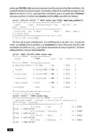 indica que MySQL solonecesitaexaminar una fila para devolver 10sresultados. No
se puedeobtenerun procesomejor. Asi mismo, el tipo de la combinacion(queen este
caso no es tal) es const, que equivale a constante, que es el mejor tipo. Examine-
mos que ocurriria si realiza una consulta similar sobre una tabla sin indices:
mysql> EXPLAIN SELECT * FROM sales-rep WHERE employee-number=2;
+- +-+ +-+- +-+-+- +
I table I type I possible-keys I key I key-len I ref I
rows I Extra I
I sales-rep I ALL I NULL I NULL I NULL I NULL I
5 1 where used I
+- +-+ +-+---- +-+-+- +
1 row in set (0.00 sec)
Se trata de la peor combinacion. La combinacion es de tipo ALL, la peor de
todas: no existen claves posibles y se examinan las cinco filas para devolver 10s
resultados (la tabla sa 1es r e p consta unicamente de cinco registros). Veamos
corn0 podemos mejorar estasituaci6n:
mysql> SHOW COLUMNS FROM sales-rep;
+ +--- +-+-+- +-+
I Field I TYPe I Null I Key I Default I Extra
I
+ +--- +-+-+- +-+
I YES I I NULL II employee-number I int (11)
I
I surname
I
I first-name
I
I commission
I
I date-joined
I
varchar
varchar
tinyint
date
I birthday I date
I
NULL
NULL
NULL
NULL
I YES I I NULL 1
+ +------ +-+-+- +-+
6 rows in set (0.00 sec)
mysql> SELECT * FROM sales-rep;
+ +- +- +------ +--- +- +
I employee-number I surname I first-name I commission I
date-joined I birthday I
+ +- +- +------ +------+- +
Rive I Sol I 10 1 2000-
I
Gordimer I Charlene I 15 1 1998-
I
Serote I Mike I 10 1 2001-
I
Rive I Mongane I 10 1 2002-
I
 