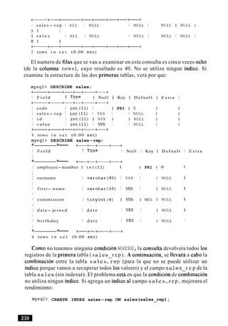I s a l e s - r e p I ALL I NULL I NULL I
5 1 I
I s a l e s I ALL I NULL I NULL I
8 1 I
+- +-+ +-+- +-+-+-+
2 rows i n s e t (0.00 s e c )
NULL I NULL I
NULL I NULL I
El numero de filas que se van a examinar en esta consulta es cinco veces ocho
(de la columna rows), cuyo resultado es 40. No se utiliza ningun indice. Si
examina la estructura de las dos primeras tablas, vera por que:
mysql> DESCRIBE sales;
+- +- +-+-+- +-+
I F i e l d I Type I Null I Key I Default
+- +- +-+-+- +-+
I code I i n t ( l 1 ) I I PRI I 0
I s a l e s - r e p I i n t (11) I YES I I NULL
I i d I i n t ( l 1 ) I YES 1 I NULL
I value I i n t ( l 1 ) I YES I I NULL
+-+- +-+-+- +-+
4 rows i n s e t (0.00 s e c )
mysql> DESCRIBE sales-rep;
+ +--- +-+-+- +-+
I F i e l d I Type I Null I Key
I
+ +--- +-+-+- +-+
I employee-number I i n t (11) I 1 PRI
I
I surname I v a r c h a r ( 4 0 ) I YES I
I
I first- name I v a r c h a r ( 3 0 ) I YES I
I
I commission I t i n y i n t ( 4 ) I YES I MUL
I
I date- joined I d a t e I YES I
I
I b i r t h d a y I d a t e I YES I
I
+ +--- +-+-+- +-+
6 rows i n s e t (0.00 s e c )
Extra I
Default I Extra
0 I
NULL 1
NULL I
NULL I
NULL I
NULL I
Como no tenemos ninguna condicion WHERE,la consulta devolvera todos 10s
registros de la primera tabla ( sa 1es r e p ) . A continuacion, se Ilevara a cab0 la
combinacibn entre la tabla s a l e s-rep(para la que no se puede utilizar un
indice porque vamos a recuperar todos 10s valores) y el campo s a l e s r e p de la
tabla sa 1es (sin indexar). El problema esti en que la condicibn de coibinaci6n
no utiliza ningun indice. Si agrega un indice a1campo s a l e s-r e p , mejorara el
rendimiento:
mysql> CREATE INDEX sales-rep ON sales(sa1es-rep) ;
 