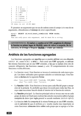 I 3 1 s o I
I 4 1 k i s s o I
I 5 1 l a s s o o I
1 2 1 b r o I
1 3 1 - 5 0 I
1 4 1 k i s s 0 I
1 4 1 k i s s o I
1 5 1 l a s s o o I
+--+ +
1 0 rows i n s e t ( 0 . 0 0 s e c )
Si pasamos un argumento quc no sea de cadena como el campo i d o mas de un
argumento, obtendremos el mensaje de error especificado:
mysql> SELECT id,word,count-vowels (id) FROM words;
ERROR :
You can o n l y p a s s one argument, and i t must b e a s t r i n g
conirarlo, sc: amesga a oloquear m y a q ~y a tener que remciar.
ADVIERTENCIA: Si realizo un cambioen la UDF, asegiiresede eliminar
la funcion en primer lugar de MySQL antes de volver a cargarla. De lo
. . .-- -l----- L I m l _ . @ n T -- - r---- - - - - - - . A -
Analisis de las funcionesagregadas
Las funciones agregadas son aquellas que se pueden utilizar con una clausula
GROUP BY, como SUM ( ) y AVG ( ) . Para crear una UDF agregada, se utilizan
las mismas funciones que en una UDF estandar, a las que se suman otras dos de
caracter obligatorio: las funciones reset y add. El comportamiento de estas
~ ~ C L Q E E .re%illf;r& n ; f k c ~ ~ k .
La funcion reset: Esta funcion se invoca a1comienzo de cada nuevo gru-
po. Los datos utilizados para agrupar calculos se reinician aqui. Esta fun-
cion se declara de la siguiente forma:
c h a r *xxx-reset(UDF-INIT * i n i t i d , UDF-ARGS * a r g s ,
c h a r * i s - n u l l , c h a r * e r r o r ) ;
La funcion Addn: Esta funcion se invoca para cada fila del grupo a escep-
cion de la primera. Es probable que desee invocarla para todas las filas, en
cuyo caso neccsitara hacerlo desde el interior de la funcion de reinicio.
La funci6n principal: La funcion principal solo se invoca una vez en cada
grupo de datos (a1final) para realizar 10scalculos necesarios sobre el grupo
completo dc datos (por regla general se accede mediante i n i t d - > p t r ) .
La funcion init: Se comporta de la misma forma que en una UDF estandar,
con la salvedad de que el atributo p t r resulta mucho mas importante en
estas funciones: almacena datos sobre cada grupo que se agrega a la fun-
 