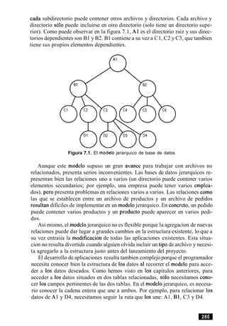 cada subdirectorio puede contener otros archivos y directorios. Cada archivo y
directorio solo puede incluirse en otro directorio (solo tiene un directorio supe-
rior). Como puede observar en la figura 7.1, A1 es el directorio raiz y sus direc-
torios dependientes son B1 y B2. B1 contiene a su vez a C1, C2 y C3, que tambien
tiene sus propios elementos dependientes.
Figura 7.1. El modelo jerarquico de base de datos
Aunque este modelo supuso un gran avance para trabajar con archivos no
relacionados, presenta serios inconvenientes. Las bases de datos jerarquicos re-
presentan bien las relaciones uno a varios (un directorio puede contener varios
elementos secundarios; por ejemplo, una empresa puede tener varios emplea-
dos), per0 presenta problemas en relaciones varios a varios. Las relaciones como
las que se establecen entre un archivo de productos y un archivo de pedidos
resultan dificiles de implementar en un modelojerarquico. En concreto, un pedido
puede contener varios productos y un product0 puede aparecer en varios pedi-
dos.
Asi mismo, el modelojerarquico no es flexible porque la agregacion de nuevas
relaciones puede dar lugar a grandes cambios en la estructura existente, lo que a
su vez entraiia la modificacion de todas las aplicaciones existentes. Esta situa-
cion no resulta divertida cuando alguien olvida incluir un tip0 de archivo y necesi-
ta agregarlo a la estructura justo antes del lanzamiento del proyecto.
El desarrollo de aplicaciones resulta tambien complejo porque el programador
necesita conocer bien la estructura de 10sdatos a1 recorrer el modelo para acce-
der a 10s datos deseados. Como hemos visto en 10s capitulos anteriores, para
acceder a 10s datos situados en dos tablas relacionadas, solo necesitamos cono-
cer 10s campos pertinentes de las dos tablas. En el modelo jerarquico, es necesa-
rio conocer la cadena entera que une a ambos. Por ejemplo, para relacionar 10s
datos de A1 y D4, necesitamos seguir la ruta que 10s une: Al, B1, C3 y D4.
 