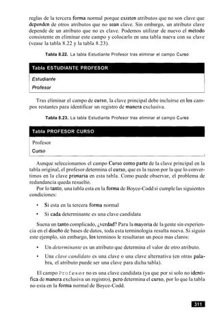 reglas de la tercera forma normal porque existen atributos que no son clave que
dependen de otros atributos que no Sean clave. Sin embargo, un atributo clave
depende de un atributo que no es clave. Podemos utilizar de nuevo el metodo
consistente en eliminar este campo y colocarlo en una tabla nueva con su clave
(vease la tabla 8.22 y la tabla 8.23).
Tabla 8.22. La tabla Estudiante Profesor tras eliminar el campo Curso
Tras eliminar el campo de curso, la clave principal debe incluirse en 10s cam-
pos restantes para identificar un registro de manera exclusiva.
Tabla 8.23. La tabla Estudiante Profesor tras eliminar el campo Curso
Profesor
1 Curso
Aunque seleccionamos el campo Curso como parte de la clave principal en la
tabla original, el profesor determina el curso, que es la razon por la que lo conver-
timos en la clave primaria en esta tabla. Como puede observar, el problema de
redundancia queda resuelto.
Por lo tanto, una tabla esta en la forma de Boyce-Codd si cumple las siguientes
condiciones:
Si esta en la tercera forma normal
Si cada determinante es una clave candidata
Suena un tanto complicado, jverdad? Para la mayoria de la gente sin experien-
cia en el diseiiode bases de datos, toda esta terminologia resulta nueva. Si siguio
este ejemplo, sin embargo, 10sterminos le resultaran un poco mas claros:
Un determinante es un atributo que determina el valor de otro atributo.
Una clave candidato es una clave o una clave alternativa (en otras pala-
bra, el atributo puede ser una clave para dicha tabla).
El campo Profe s o r no es una clave candidata (ya que por si solo no identi-
fica de manera exclusiva un registro), per0 determina el curso, por lo que la tabla
no esta en la forma normal de Boyce-Codd.
 