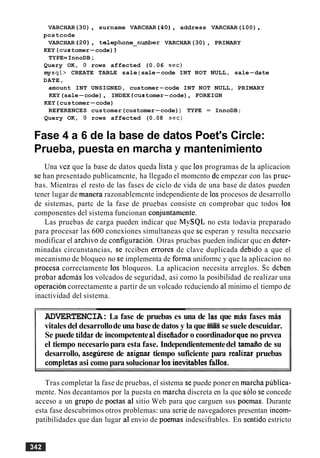 VARCHAR(30), surname VARCHAR (40), address VARCHAR(100),
postcode
VARCHAR (PO), telephone-number VARCHAR(30), PRIMARY
KEY (cuetomer-code) )
TYPE=InnoDB;
Query OK, 0 rows affected (0.06 sec)
mysql> CREATE TABLE sale ( sale-code INT NOT NULL, sale-date
DATE,
amount INT UNSIGNED, customer-code INT NOT NULL, PRIMARY
KEY(sale-code), INDEX (cuetomer-code), FOREIGN
KEY(customer-code)
REFERENCES customer(customer-code)) TYPE = InnoDB;
Query OK, 0 rows affected (0.08 sec)
Fase 4 a 6 de la base de datos Poet's Circle:
Prueba, puesta en marcha y mantenimiento
Una vcz que la base dc datos queda lista y que 10s programas de la aplicacion
se han presentado publicamcnte, ha llegado el momcnto de empezar con las pruc-
bas. Mientras el resto de las fases de ciclo de vida de una base de datos pueden
tener lugar de manera razonablemcnte independiente de 10s procesos de desarrollo
de sistemas, partc de la fase de pruebas consiste cn comprobar quc todos 10s
componentes del sistema funcionan conjuntamente.
Las pruebas de carga pueden indicar que MySQL no esta todavia preparado
para procesar las 600 conexiones simultaneas que se esperan y resulta neccsario
modificar el archivo de configuration. Otras prucbas pueden indicar quc en dcter-
minadas circunstancias, se rcciben errores de clave duplicada .debid0 a que el
mecanismo de bloqueo no se implementa de forma uniformc y que la aplicacion no
procesa correctamente 10s bloqueos. La aplicacion necesita arreglos. Se deben
probar ademas 10s volcados de seguridad, asi como la posibilidad de realizar una
operacion correctamente a partir de un volcado rcduciendo a1minimo el tiempo de
inactividad del sistema.
ADVERTENCIA: La fase de pruebas es una de las que d s fases miis
vitales del desarrollode una basede datos y la que m&s se suele descuidar.
Se puede tildarde incompetentea1disefiador o coordinadorque no prevea
el tiempo necesariopara esta fase. Independientementedel tamaiio de su
desarrollo, aseginese de asignar tiempo suficiente para realizar pruebas
completasasi como parasolucionar10s inevitables fallos.
Tras completar la fase de pruebas, el sistema se puede poner en marcha publica-
mente. Nos decantamos por la puesta en marcha discreta en la que so10 se concede
acceso a un grupo de poetas a1 sitio Web para que carguen sus poemas. Durante
esta fase descubrimos otros problemas: una serie de navegadores presentan incom-
patibilidades que dan lugar a1envio de poemas indescifrables. En sentido estricto
 