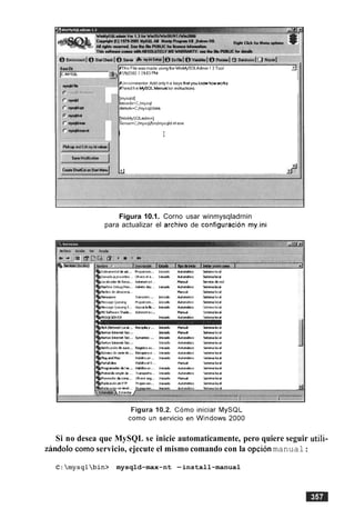 was made us~ngcheW~nh+fSOLAdm~n1 3 Tool
70901PM
nenlor Add onty h e keys thatyou k n a howworks
p a dh e W O L Mmuallor ~nslrumons
Figura 10.1. Corno usar winmysqladrnin
para actualizar el archivo de configuracion rny.ini
Si no desea que MySQL se inicie automaticamente, pero quiere seguir utili-
zandolo corno servicio, ejecute el mismo comando con la opcion manual:
C: mysqlbin> mysqld-max-nt -install-manual
 