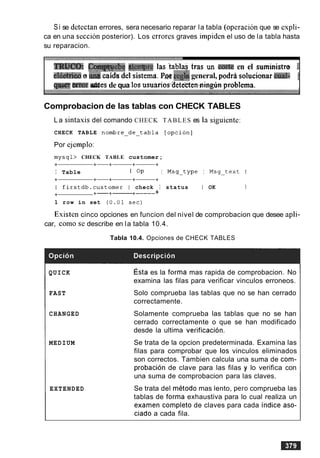Si se detectan errores, sera necesario reparar la tabla (operacion que se expli-
ca en una seccion posterior). Los errores graves impiden el uso de la tabla hasta
su reparacion.
TRUC";O: Cmv&yebq qempre las tabla$ tras un code en el suministr~ ,.
eltkhieoo &oaida del ristema.PM reB&general, podd solucionar cud- :
#or a e s de qua 10s usuarios"detecten.ainghproblems. I
Comprobacion de las tablas con CHECK TABLES
La sintasis del comando CHECK TABLES es la siguiente:
CHECK TABLE nombre-de-tabla [opcion]
Por ejemplo:
mysql> CHECK TABLE customer;
+ +-+- +-+
I Table I OP I Msg-type I Msg-text I
+ +-+- +-+
I firstdb.customer I check I status I OK I
+ +-+--------+------ +
1 row in set (0.01 sec)
Existen cinco opciones en funcion del nivel de comprobacion que desee apli-
car, como se describe en la tabla 10.4.
Tabla 10.4. Opciones de CHECK TABLES
QUICK
FAST
CHANGED
MEDIUM
EXTENDED
~ s t aes la forma mas rapida de comprobacion. No
examina las filas para verificar vinculos erroneos.
Solo comprueba las tablas que no se han cerrado
correctamente.
Solamente comprueba las tablas que no se han
cerrado correctamente o que se han modificado
desde la ultima verificacion.
Se trata de la opcion predeterminada. Examina las
filas para comprobar que 10s vinculos eliminados
son correctos. Tambien calcula una suma de com-
probacion de clave para las filas y lo verifica con
una suma de comprobacion para las claves.
Se trata del metodo mas lento, per0 comprueba las
tablas de forma exhaustiva para lo cual realiza un
examen completo de claves para cada indice aso-
ciado a cada fila.
 