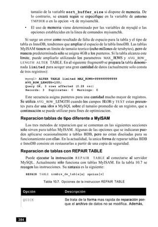 tamaiio de la variable sort buffer size si dispone de memoria. De
lo contrario, se creara segLn se espe&ique en la variable de entorno
TMPDIR o en la opcion -t de myisamchk.
El uso de memoria viene determinado por las variables de mysqld o las
opciones establecidas en la linea de comandos myisamchk.
Si surge un error como resultado de falta de espacio para la tabla y el tipo de
tabla es InnoDB, tendremos que ampliar el espacio de la tabla InnoDB. Las tablas
MyISAM tienen un limite de tamaiio teorico (ocho millones de terabytes), per0 de
manera predeterminada solose asigna 4GB a 10spunteros. Si la tabla alcanza este
limite, puede ampliarlo utilizando 10s parametros MAX ROWS y AVG ROW
LENGTH ALTER TABLE. En el siguiente fragment0 se pripara la tabla denomi-
nada limited para acoger una gran cantidad de datos (actualmente solo consta
de tres registros):
mysql> ALTER TABLE limited MAX-ROWS=999999999999
AVG-ROW-LENGTH=100;
Query OK, 3 rows affected (0.28 sec)
Records: 3 Duplicates: 0 Warnings: 0
Este secuencia asigna punteros para una cantidad mucho mayor de registros.
Se utiliza AVG ROW LENGTH cuando 10s campos BLOB y TEXT estan presen-
tes para dar una ide;a MySQL sobre el tamaiio promedio de un registro, que a
continuacion se puede utilizar para fines de optimizacion.
Reparacion tablas de tip0 diferente a MylSAM
Los tres metodos de reparacion que se comentan en las siguientes secciones
solo sirven para tablas MyISAM. Algunas de las opciones que se indicaran pue-
den aplicarse ocasionalmente a tablas BDB, per0 no estan diseiiadas para su
funcionamiento con ellas. En la actualidad, la unica forma de reparar tablas BDB
e InnoDB consiste en restaurarlas a partir de una copia de seguridad.
Reparacion de tablas con REPAIR TABLE
Puede ejecutar la instruccion R E P A I R TABLE a1 conectarse a1 servidor
MySQL. Actualmente solo funciona con tablas MyISAM. En la tabla 10.7 se
recogen las instrucciones. Su sintaxis es la siguiente:
REPAIR TABLE nombre-de-tabla [s] opcion [s]
Tabla 10.7. Opciones de la instruccion REPAIR TABLE
QUICK Se trata de la forma mas rapida de reparacion por-
que el archivo de datos no se modifica. Ademas,
 