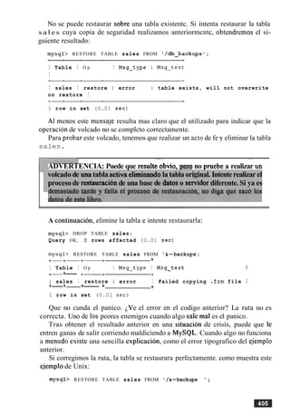 No se puede restaurar sobre una tabla existentc. Si intenta restaurar la tabla
sales cuya copia de seguridad realizamos anteriormcntc, obtendremos el si-
guiente resultado:
mysql> RESTORE TABLE sales FROM ' /&-backups ' ;
I Table I O p I Msg-type I Msg-text
I
I sales I restore I error I table exists, will not overwrite
on restore I
1 row in set (0.01 sec)
A1 menos este mensa.je resulta mas claro que el utilizado para indicar que la
operacion de volcado no sc complcto correctamente.
Para probar este volcado, tenemos que realizar un act0 de fe y eliminar la tabla
sales.
volcadode unatabla activakliminandola tablaoriginal. Intenterealizar el
procesode restauracibnde una base de datoso servidordiferente. Si ya es
- -
ADVERTENCIA: Puede que resulte obvio, per0 no pmebe a realizar un
A continuacion, elimine la tabla e intente restaurarla:
mysql> DROP TABLE sales;
Query OK, 0 rows affected (0.01 sec)
mysql> RESTORE TABLE sales FROM '&-backups1
;
+-+- +-+ +
I Table I O p I Msg-type I Msg-text I
+- +---- +-+ +
I sales I restore I error I Failed copying .frm file I
+-+------+-------- + +
1 row in set (0.01 sec)
Que no cunda el panico. i,Ve el error en el codigo anterior? La ruta no es
correcta. Uno de 10s peores enemigos cuando algo sale ma1es el panico.
Tras obtener el resultado anterior en una situacion de crisis, puede que le
entren ganas de salir corriendo maldiciendo a MySQL. Cuando algo no funciona
a menudo esiste una sencilla explicacion, como el error tipografico del cjemplo
anterior.
Si corregimos la ruta, la tabla se restaurara perfectamente. como muestra este
ejemplo de Unix:
mysql> RESTORE TABLE sales FROM '/&-backups ;
 