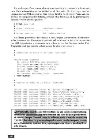 Recuerde especificar la ruta, el nombre de usuario y la contraseiia si lo necesi-
tara. Esta instruccion crea un archivo en el directorio db-backups con las
instrucciones de SQL necesarias para recrear la tabla customer.Puede ver este
archivo en cualquier editor dc testo, como el Bloc de notas o vi. La primera parte
del archivo contiene lo siguiente:
# MySQL dump 8.14
#
# Host: localhost Database: firstdb
# Server version 4.0.1-alpha-max-log
Las lineas precedidas del simbolo # son simples comentarios, informacion
sobre versiones, etc. En una parte posterior del archivo se incluyen las instruccio-
ncs SQL importantes y necesarias para volver a crear las distintas tablas. Estc
fragment0 es el que pcrmitc volver a crear la tabla customer:
#
# Estructura de tabla de la tabla 'customer'
#
CREATE TABLE customer (
id int (11) NOT NULL auto-increment,
first-name varchar(30) default NULL,
surname varchar (40) default NULL,
initial varchar(5) default NULL,
PRIMARY KEY (id),
KEY surname (surname,initial,first-name)
) TYPE=MyISAM;
#
# Volcado de datos de la tabla 'customer'
#
INSERT INTO customer VALUES
INSERT INTO customer VALUES
INSERT INTO customer VALUES
INSERT INTO customer VALUES
INSERT INTO customer VALUES
INSERT INTO customer VALUES
INSERT INTO customer VALUES
INSERT INTO customer VALUES
(1,'Yvonne','Clegg','XI);
(2,'Johnny','Chaka-Chakal
, ' B ' ) ;
(3,'Winston','Powers','MI);
(4,'Patricia','Mankunku', 'C');
(5,'Francois','Papo1,'PI);
(7, 'Winnie', 'Dlamini',NULL);
(6,'Neil','Benekel
,NULL);
(lO,'Breyton','Tshabalala','B');
QDVERTENCIA:El
.,, ,...I,,,.. ,,,A,,,,:
TI1 --
1 usode 10s resuItadosde una instructionmysqldump
cuu V ~ U I G S y ~ ~ ~ ~ ~ ~ l m u t d o ~para restaurar uaa basede datospuede reque-
rir much(
INSERT
rarse. Examme las opclonesae mysqlaumppara ver comose pueaeagluzar
este proceso.
o tiempo. Como el bufer de indice se vacia tras cada instruccion
,las Gblasde grantamafiopuedentardarmucho tiempoen restau-
: - . !. . 3. . .1 . . _ . L - - - - J - _ _ ! I : - -
 